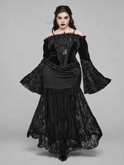 EDITION ملابس علوية كم طويل مكشكشة بالدانتيل والزهور للكتف مكشوف للنساء المقاسات الكبيرة، ملابس علوية مخملية بطراز قصر ملكي جوتيك للخريف/الشتاء بياقة مخملية وطبعات زهور للمقاسات الكبيرة، ملابس علوية مخملية فاخرة أنيقة للمناسبات الجوتيك الداكنة للمقاسات الكبيرة