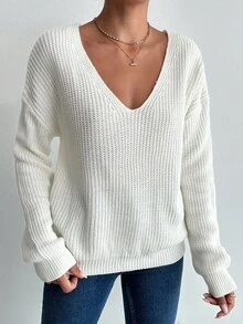 SHEIN Cottnline V-neck Drop Shoulder Sweater - White - View 5