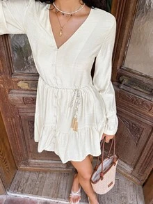 SHEIN Frenchy Women's Casual Solid Color Button Front Mini Dress Winter - Apricot - View 1