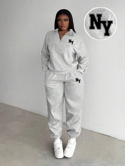 Slaydiva Women's Casual High Neck Zip-Up Loose Long Sleeve NY Letter Print Thermal Lined Sweatshirt And Pants Set, Suitable For Autumn/Winter Street Style Y2k