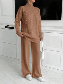 EURMUSE Women High Neck Sweater And Maxi Sweater Skirt 2 Two Pieces Set Co-Ords - Mocha Brown - View 5