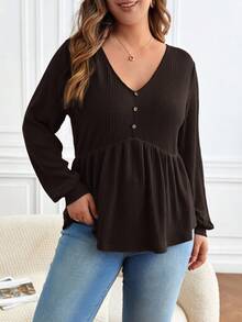 SHEIN Frenchy Kaos Wanita Ukuran Besar Lengan Panjang Leher V Bergaris dengan Desain Kancing, Blus Cokelat Tua dengan Hem Berkerut, Atasan Hitam Musim Gugur Kasual Cerdas untuk Sehari-hari di Musim Gugur dan Musim Dingin - Chocolate Brown - View 7