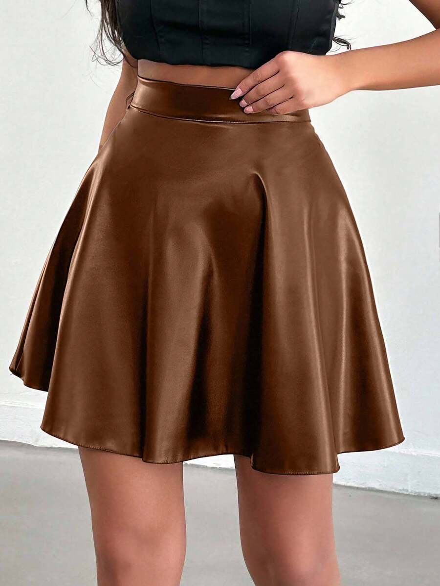 EURMUSE Women's Solid Color High Waist PU Leather A-Line Skirt - Brown - View 1