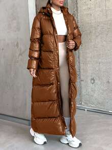 SHEIN Áo khoác phao dài ấm áp có dây rút tay áo thiết kế độc đáo dành cho nữ - màu nâu - Xem 6