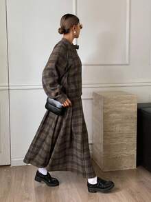 DAZY Women's Casual Vintage Plaid Loose Stand Collar Long Sleeve Jacket & Pleated Skirt Woolen 2-Piece Set, Autumn/Winter - Grey - View 4