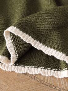 SHEIN Vintaside Kids Rochie tip pulover tricotată cu mânecă lungă, cu broderie florală și guler cu volane, kaki, elegantă și la modă, potrivită pentru școală, purtare zilnică, acasă, ieșiri, călătorii, toamnă/iarnă