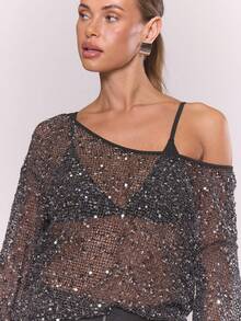 MUSERA Sequin Knit Scoop Neck Long Sleeve Top Western Country   Cute Sexy Streetwear Festival Y2k Boho Midwest Winter Party Elegant  Summer - Black - View 4