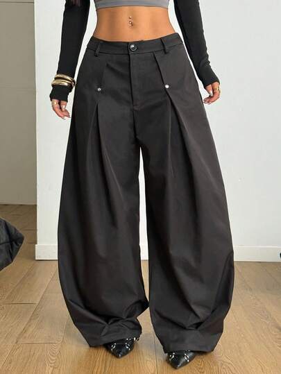 Coolane Summer Outfits Women's Plus Size , Streetwear  Solid Color Pleated Wide Leg Loose Casual Pants