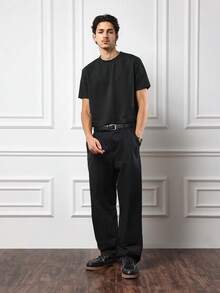 SUMWON 宽松斜纹布裤，前褶经典商务休闲正装裤，办公室穿着，高腰阔腿 - 黑色 - 查看 6