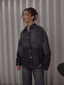 MUSERA Oversized Button Down Washed Denim Shirt Co-Ord Top Only Streetwear Cute Classy Casual Sexy Going Out Fall Autumn Toffee Chic Spring Summer - Black - View 5