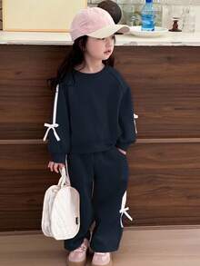 DAZY 2pcs/Set Young Girls Round Neck Knit Sweatshirt Set, Fall - Navy Blue - View 5