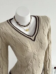 Elamini Women's Striped Long Sleeve Casual Versatile Twist Knit V-Neck Sweater, Autumn/Winter - Multicolor - View 3