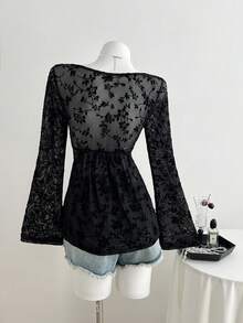 Elamini Camiseta de manga larga con cuello en V, ajustada, con estampado floral y efecto flockado, de estilo sexy y casual, versátil para el otoño - Negro - Ver 2