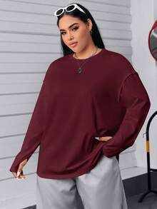 SHEIN EZwear 秋季大码休闲百搭酒红色长袖T恤 - 酒紅色 - 查看 1