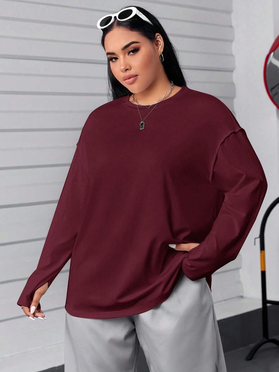 SHEIN EZwear 秋季大码休闲百搭酒红色长袖T恤 - 酒紅色 - 查看 1