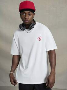 PAVTROS 男士夏季字母和心形印花圆领休闲短袖 T 恤，街头装，适合说唱歌手，适合外出 - 白色 - 查看 2