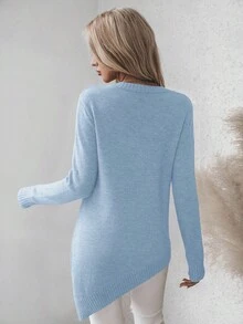 EMERY ROSE Casual Solid Color Asymmetric Hem Side Slit Sweater, Autumn/Winter - Baby Blue - View 2