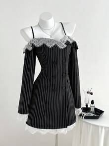 Elamini 1pc Black & White Striped Off Shoulder Splice Contrast Color Lash Lace Sexy Elegant Casual Long Sleeve Dress For Women, Autumn/Winter