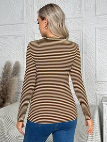 SHEIN Maternity Striped Round Neck Long Sleeve Pleated Fitted Casual T-Shirt Women Long Sleeve Top Coffee Brown Top Brown Top Women Brown Long Sleeve Top Maternity Shirt - Brown - View 2