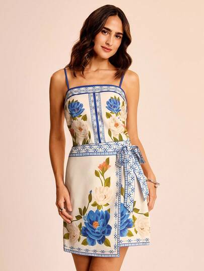 CAJUNI 女士休闲度假印花系带短裙，适合约会、户外海滩穿着