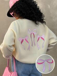 Coolane Kids Áo nỉ lót ấm thêu nơ trắng cỡ lớn cho bé gái, Thu/Đông, Thường ngày, Trắng, Họa tiết, Nơ tốt nghiệp, Trang phục trở lại trường, Tốt nghiệp, Trở lại trường - Màu be - Xem 1