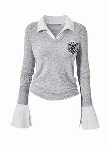 Teenage Girls' College Style Polo Collar 2 In 1 Brushed Ribbed Splice Long Sleeve T-Shirt - Multicolor - View 8