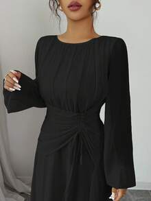 Elenzga Damen Frühling/Sommer Französisch Romantisch Sizilien Elegantes Lässig Pendler Urlaub Nachmittags-Tee-Party Rundhals Geraffter Taille Kordelzug A-Linie Elastischer Bund Maxikleid mit Langarm - Schwarz - Übersicht 5
