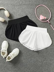 SHEIN Tween Girl 2 Pieces Solid Black & White, Minimalist Loose Comfortable Versatile Athleisure Sporty High Waist Design Snug Fit Tall Fit All-Match Moisture Wicking Sweat Absorbing Shorts For Spring/Summer - Multicolor - View 2