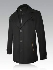 Manfinity Mode Men's Solid Color Lapel NeckFaux Two Pieces Long Sleeve Casual Woolen Jacket, Autumn/Winter