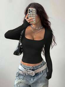 Coolane Camiseta de manga larga con cuello cuadrado, estilo bustier, gris, cómoda y elástica, de uso diario y casual, con estilo minimalista y Y2K para mujer