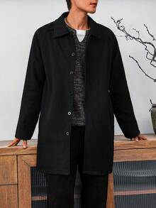 Manfinity Homme 男士休闲前襟纽扣翻领长袖夹克，秋季男士长款外套，暗黑学院风男装，男士外套，男士夹克，男士风衣 - 黑色 - 查看 4