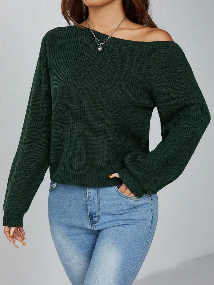 SHEIN PETITE 别致的橄榄绿色罗纹针织露肩长袖套头衫女士常规毛衣绿色毛衣深绿色上衣露肩长袖绿色长袖上衣露肩毛衣女士秋冬装 - 橄欖綠 - 查看 1