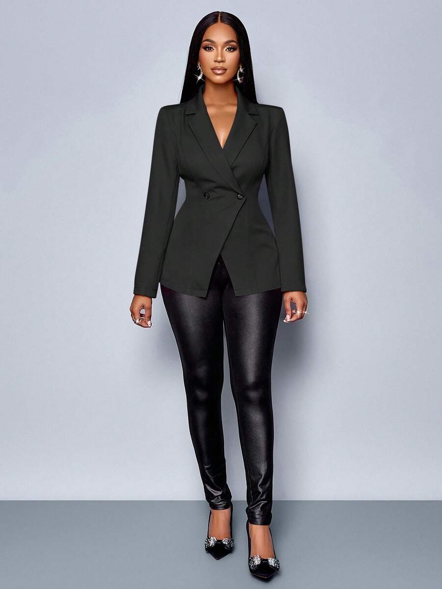 SOLERSUN 女装冬季优雅通勤新年派对情人节女士秋冬西装外套，收腰修身保暖冬季橙色西装外套 - 黑色 - 查看 1