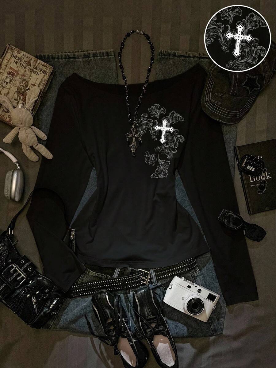 SHEIN EZwear Cross Pattern Autumn New Loose Shoulder Cutout Printed Long Sleeve Sexy Asymmetrical Shoulder Rolled Hem Pullover T-Shirt For WomenIn Fall/Winter - Black - View 1