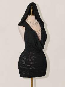 SHEIN ICON 女式性感低胸做旧面料连帽紧身迷你连衣裙 - 黑色 - 查看 4