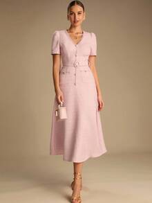 Enchnt Váy đi làm thanh lịch với trang trí sequin và thắt lưng - Hồng - Xem 6