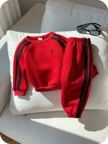2 Stück/Set Baby Jungen Süß Lässig Sport Schleife Strick Weihnachtsrot Sweatshirt und Jogginghose Trainingsanzug, Unisex Baby Kleidung, Baby Winter Kleidung - Verschiedenfarbig - Übersicht 1