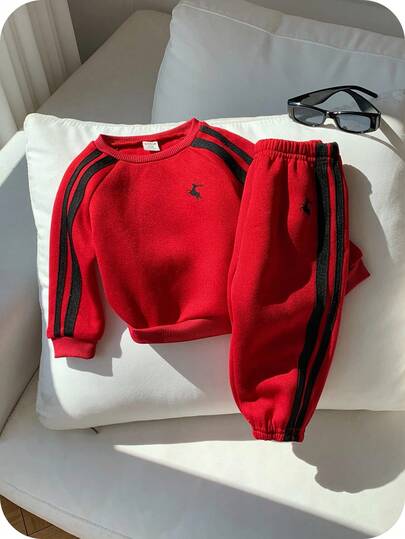 2pcs/Set Baby Boy Cute Casual Sports Ribbon Knit Christmas Red Sweatshirt And Jogger Pants Tracksuit, Unisex Baby Clothes, Baby Winter Clothes Fall Red Two Piece Outfit Toddler Infant Red Outfit