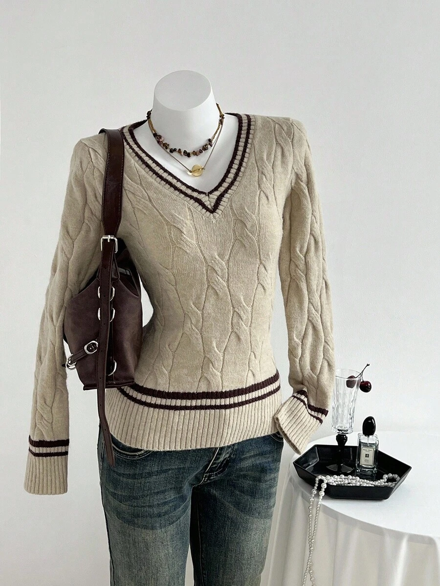 Elamini Women's Striped Long Sleeve Casual Versatile Twist Knit V-Neck Sweater, Autumn/Winter - Multicolor - View 1