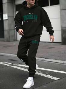 Manfinity Homme 男士纽约标语印花休闲保暖卫衣和运动裤套装（2件套），秋冬男装，男士礼物，男友秋季穿搭，舒适秋冬款式 - 黑色 - 查看 2