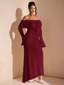 SHEIN BAE 女士优雅露肩白色蕾丝长袖超长美人鱼裙，适合婚礼、派对、伴娘服、白色毕业礼服 - 酒紅色 - 查看 4