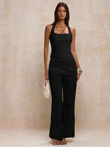 SHEIN BAE 女式纯色露背修身时尚性感挂脖吊带背心 - 黑色 - 查看 3