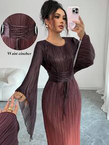Elenzga Váy đuôi cá xếp ly tay loe rút dây eo in họa tiết ombre thời trang thu đông - Nhiều màu - Xem 1