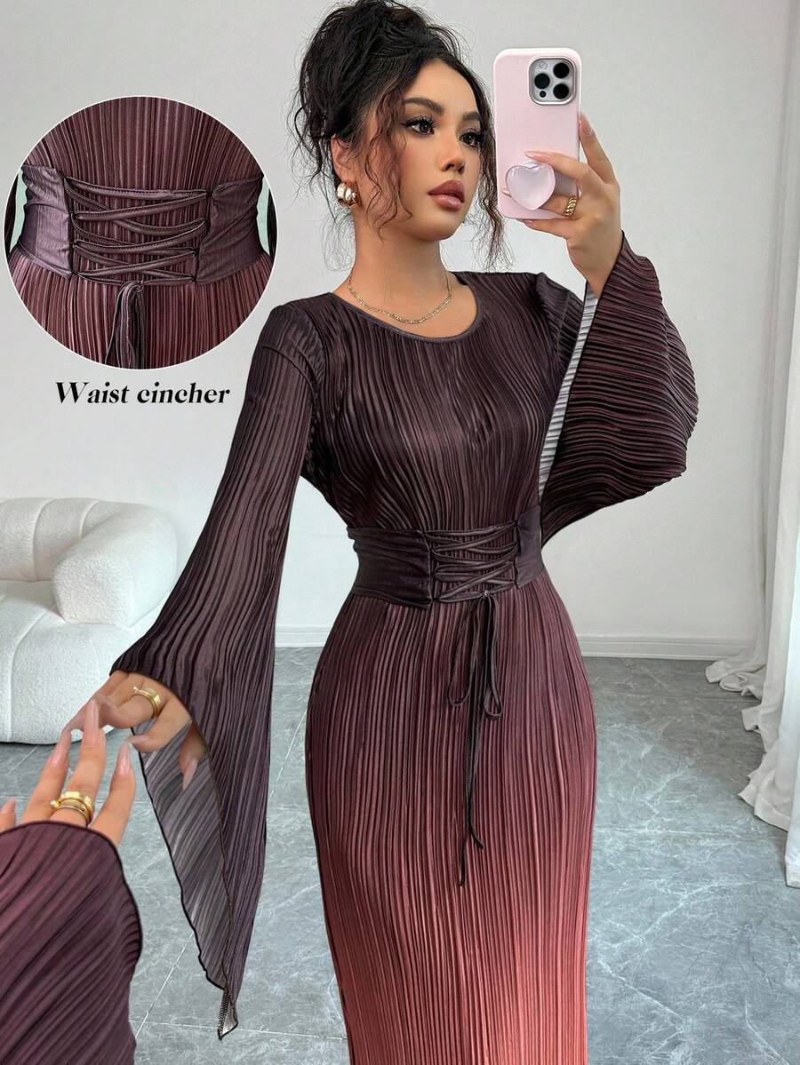 Elenzga Váy đuôi cá xếp ly tay loe rút dây eo in họa tiết ombre thời trang thu đông - Nhiều màu - Xem 1