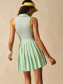 VARSIVA Women's Casual Contrast Trim Zipper Half-Zip Sports Dress Green Tennis Dress