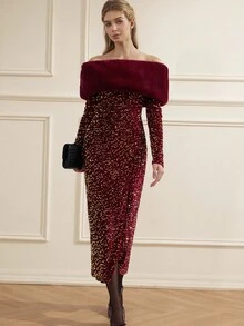 BELROSIE Glamorous Sequin Embellished Off Shoulder Dress With Detachable Faux Fur Collar, High-Slit, Long Sleeve, European Chic - Red - View 5