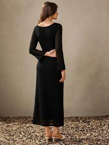 Wildy Đầm dạ hội phong cách BOHO thanh lịch dành cho nữ, màu trơn, chất liệu vải dệt, tay bồng, dáng đuôi cá, đầm dài thường ngày, đầm đen dài tay, áo lưới dài tay, đầm ren dài tay màu đen, đầm mùa thu cho nữ, đầm dự tiệc, trang phục thường ngày cho nữ. - màu đen - Xem 6