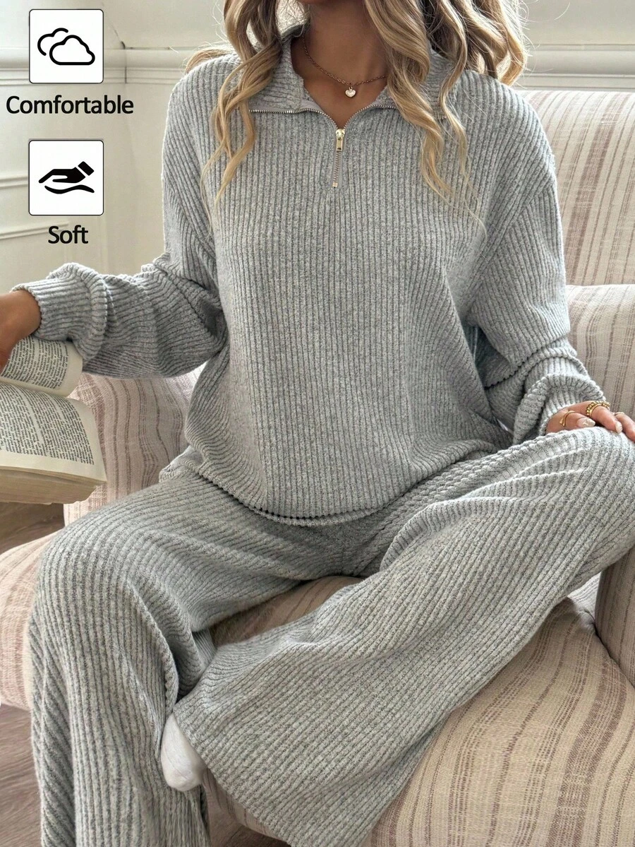 SHEIN 2件套少女纯色毛绒罗纹半拉链T恤和裤子套装 - 淺灰色 - 查看 1