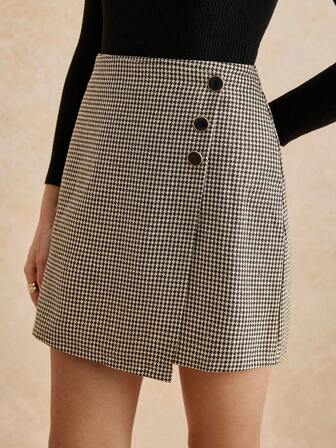 Écloséra Everyday Versatile Elegant Temperament Commuting Button Decoration Houndstooth Check Pattern Woolen Material Women's Autumn And Winter Short Skirt Skirt Skirt Women's Skirt