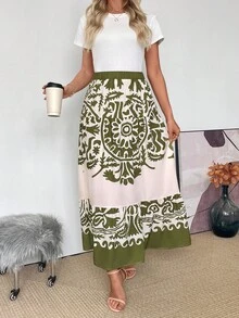 SHEIN Chân váy chữ A họa tiết Paisley hình ô đơn giản thanh lịch dành cho nữ - Nhiều màu - Xem 5
